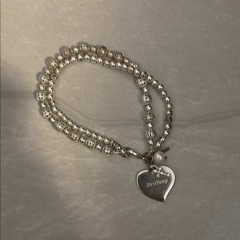 Engraved Bracelet with Heart Charm and Cross